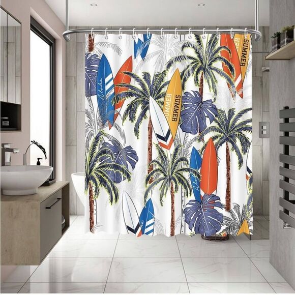 Summer Tropical Shower Curtain Tropical Hawaii Coconut Trees Palm Leaf Shower - Picture 3 of 7